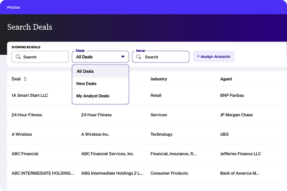 FinDox Dashboard opened to Search Deals page