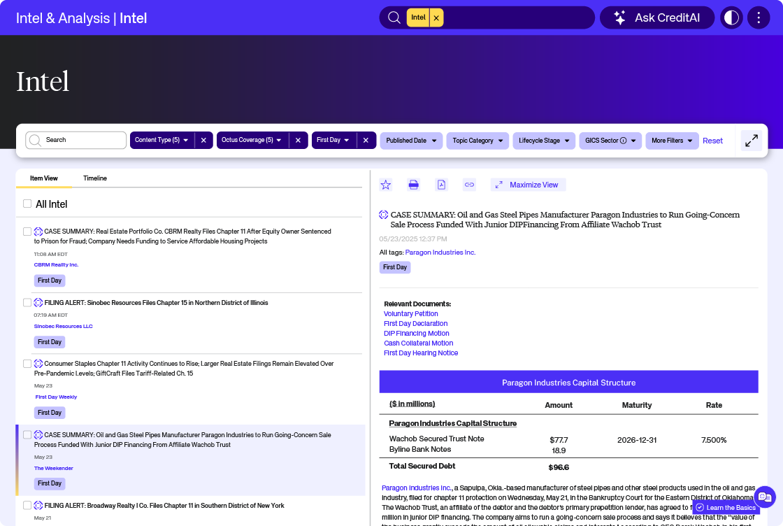 First Day Intelligence dashboard on the Octus platform