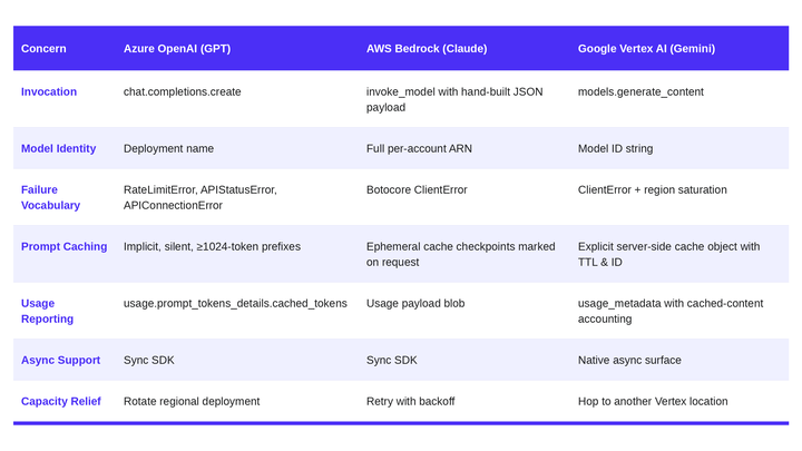 Table comparing how Azure OpenAI, AWS Bedrock and Google Vertex AI differ on invocation, errors, caching and capacity
